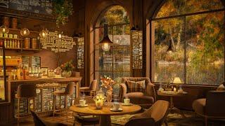 Rainy Autumn Day in Cozy Coffee Shop 4K  Soothing Jazz Music for Study, Work and Sleep
