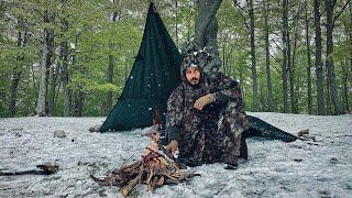 Solo Camping in Snow, Ice Rain and Fog with Tarp