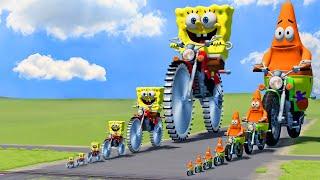 Big & Small: SpongeBob on a motorcycle with Saw wheels vs Patrick on a motorcycle vs Trains | BeamNG