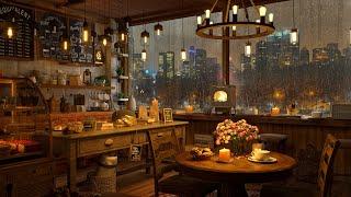 A Rainy Day in 4K Cozy Coffee Shop  Background Instrumental to Relax, Study, Work